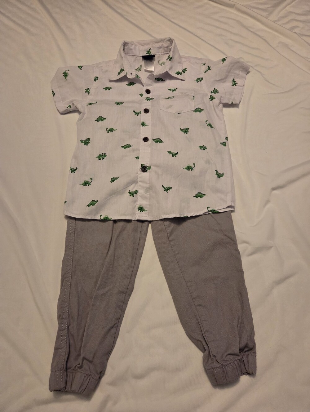 Little Rebels Boys 2 Pc Outfit Dinosaur Button-Up Shirt Gray Joggers Size 5